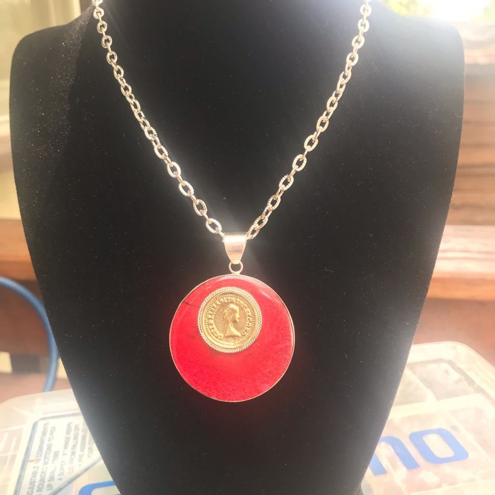 Coral coin pendant necklace